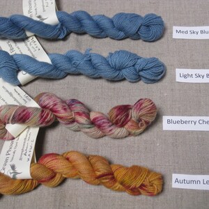Puede incluir: Cuatro madejas de hilo te&ntilde;ido a mano en varios colores. Dos madejas son azules, etiquetadas como "Med Sky Blue" y "Light Sky Blue". Las otras dos madejas son multicolores, etiquetadas como "Blueberry Cheesecake" y "Autumn Leaves".