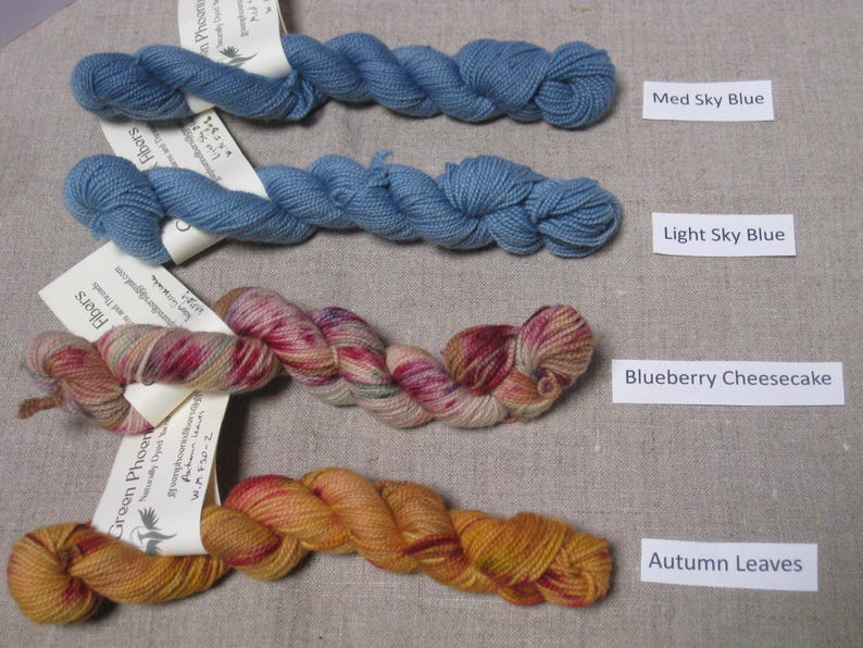 Puede incluir: Cuatro madejas de hilo te&ntilde;ido a mano en varios colores. Dos madejas son azules, etiquetadas como "Med Sky Blue" y "Light Sky Blue". Las otras dos madejas son multicolores, etiquetadas como "Blueberry Cheesecake" y "Autumn Leaves".