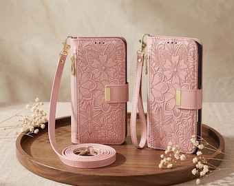 Portafoglio a tracolla in pelle con scomparto per carte, compatibile con le custodie per iPhone.