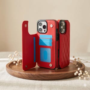 May include: Red leather phone case with a wallet feature. The case has a quilted design on the back and a flap that opens to reveal card slots with blue inserts. The case is on a wooden tray.