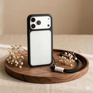 Puede incluir: Funda de teléfono negra con un inserto rectangular blanco y un borde negro. La funda tiene un cordón, con un cordón negro y un acento blanco y negro. La funda del teléfono está sobre una bandeja de madera con flores secas.
