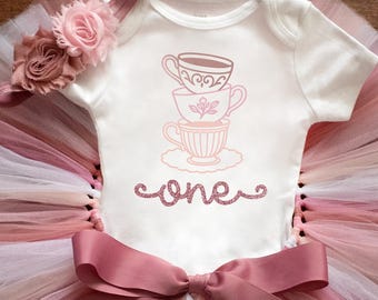 Tea Party first birthday outfit "Muted Pinks" let's par-tea tutu, shirt, headband set