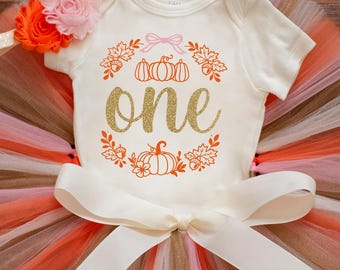 Floral Pumpkin first birthday outfit girl 'Kambrie Gold' fall birthday tutu, bodysuit, headband set