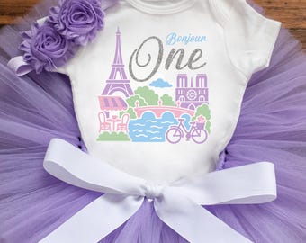 Paris Birthday Outfit - pastel - French Eiffel tower birthday tutu, bodysuit, headband set