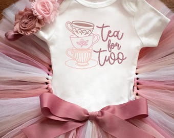 Tea for Two birthday outfit "Muted Pinks" Tea party second bday tutu, shirt, headband