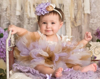 Purple and gold first birthday outfit "Lexa Gold" romper tutu headband set, purple gold first birthday tutu outfit, cake smash outfit girl