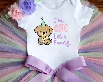 Soy un conjunto de cumpleaños para fiesta de 'Elizabeth' cachorrita, gatito primer cumpleaños tutú, body, diadema