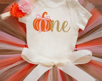 Little Pumpkin first birthday outfit girl 'Kambrie Gold' fall birthday tutu, bodysuit, headband set