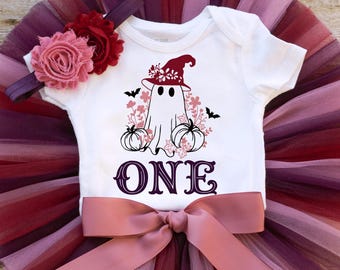 Ghost First Birthday Outfit 'Isabella' fall birthday tutu, bodysuit, headband set