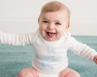 Half birthday boy outfit, boys 6 month outfit, 1/2 birthday boy bodysuit, 6 month photo outfit boy, baby boy half birthday sky blue