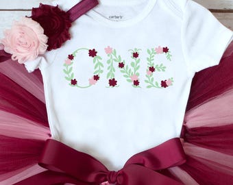 Floral Birthday Outfit "Caroline" pink and maroon first birthday tutu, bodysuit, headband