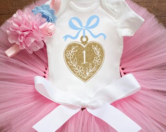 Coquette first birthday outfit "Kristin" bow and pink heart locket tutu, bodysuit, headband set