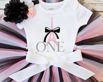 Paris First Birthday Outfit - pink and black Eiffel tower birthday tutu, bodysuit, headband set