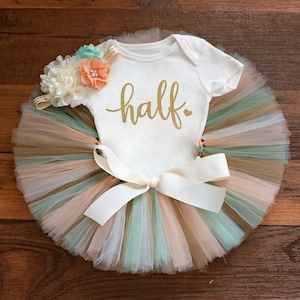 Spring half birthday outfit 'Eliana Gold' peach, sage and gold half birthday tutu set girl, 6 month baby pastel photo outfit