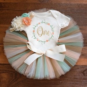 Floral birthday outfit &#39;Eliana&#39; Floral first birthday outfit girl, sage peach gold, cake smash tutu set for baby girls