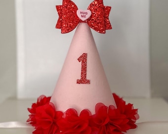 Valentines Day First Birthday Hat for Baby Girl - Pink Red Little Sweetheart Party