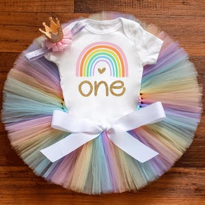 Pastel rainbow first birthday outfit girl - tutu, bodysuit, headband - cake smash