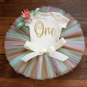 First birthday outfit girl &#39;Nieva Gold&#39; 1st birthday tutu, cake smash tutu set girl, pink and gold, one year photo outfit