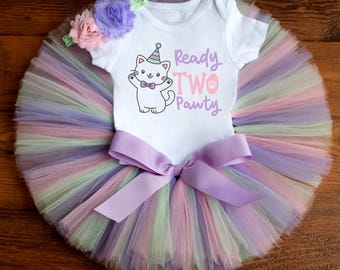 Conjunto de cumpleaños Ready Two Party 'Elizabeth' cachorro, gatito 2º cumpleaños tutú, camiseta, diadema