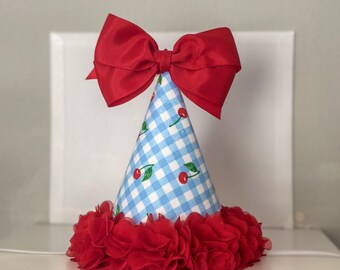 Gorro de cereza para el primer cumpleaños - gorro de fiesta de cuadros azules