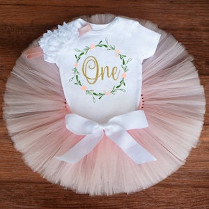 Floral first birthday outfit girl &#39;Emory&#39; blush gold floral 1st birthday girl cake smash tutu set