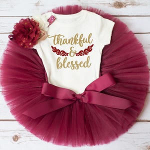 First Thanksgiving outfit girl &#39;Paula&#39; Thankful and blessed turkey day tutu set, fall outfit for photos newborn girl