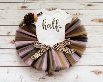 Pink leopard half birthday tutu set "Mary"