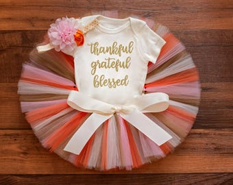 Ensemble de tutu « Kambrie Gold » pour la première fois pour Thanksgiving pour bébé, reconnaissant, reconnaissant et béni