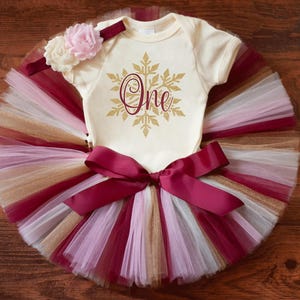 Snowflake first birthday outfit &quot;Joy&quot; Winter Onederland cake smash outfit girl, maroon pink and gold, one Christmas birthday tutu set