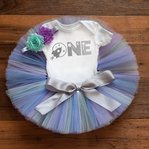 Girls pastel space first birthday outfit 'Celeste' first trip around the sun outfit girl, galaxy first birthday outfit cake smash space tutu