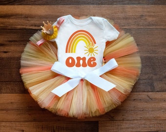 Outfit voor één jaar zonneschijn - tutuset Sun regenboog eerste verjaardag - oranje, geel