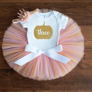 Pastel pumpkin first birthday outfit 'Summer' pink and peach tutu, bodysuit, headband set image 5