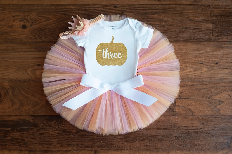 Pastel pumpkin first birthday outfit 'Summer' pink and peach tutu, bodysuit, headband set image 5