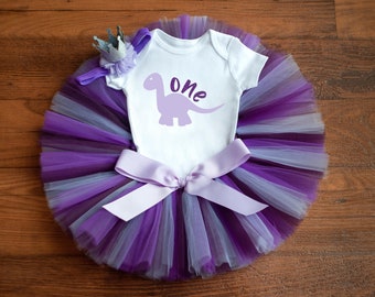 Ensemble de tutu pour premier anniversaire « Aly » Roarsome, tenue d'anniversaire de dinosaure violet - Dino cake smash