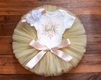Blush Pink and Gold Snowflake Half Birthday Outfit "Belle"