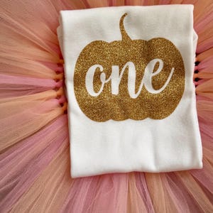 May include: A white t-shirt featuring a gold glitter pumpkin graphic with the word one written in white script across the center, placed on top of a layered tulle skirt in shades of light pink, peach, and soft orange.