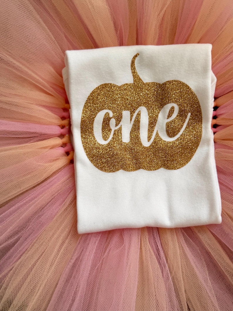 May include: A white t-shirt featuring a gold glitter pumpkin graphic with the word one written in white script across the center, placed on top of a layered tulle skirt in shades of light pink, peach, and soft orange.
