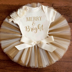 Gold and Ivory Christmas Tutu Outfit for Baby Girl "Esme" Merry & Bright Holiday Set image 3