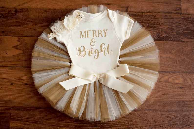 Gold and Ivory Christmas Tutu Outfit for Baby Girl "Esme" Merry & Bright Holiday Set image 3