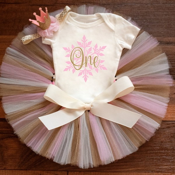 Winter onederland outfit girl "Luca Gold" pink and gold winter onederland birthday outfit girl, snowflake first birthday, winter birthday