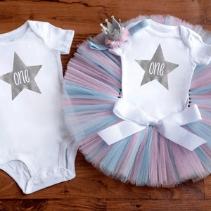 Boy girl twin little star first birthday &#39;Cotton Candy&#39; Blue and pink twins birthday outfit, twinkle twinkle little star theme cake smash