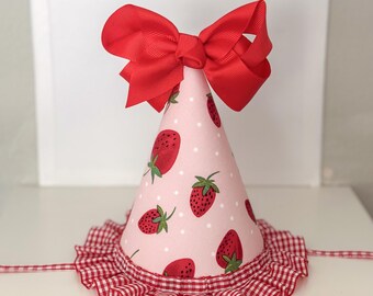 Strawberry first birthday party hat - pink and red gingham - one berry sweet girl