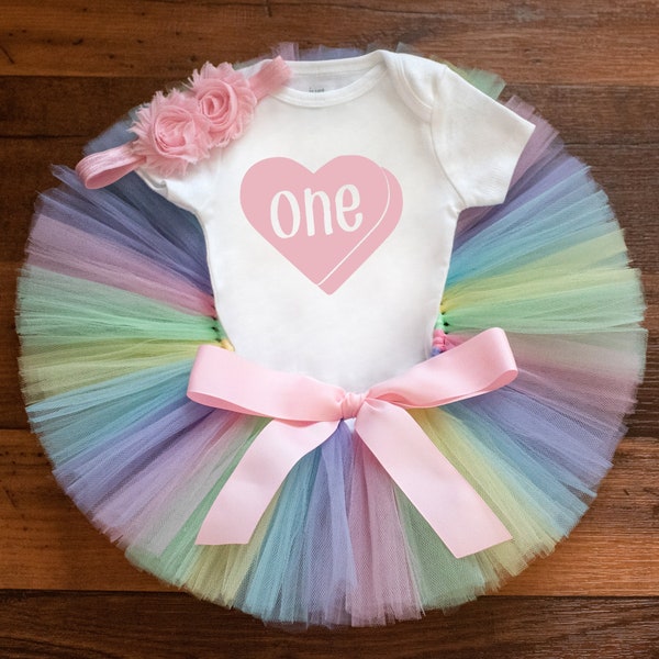 Valentines heart first birthday outfit for girls "Kaylyn" Pastel rainbow heart cake smash outfit, february birthday, sweetheart 1st birthday