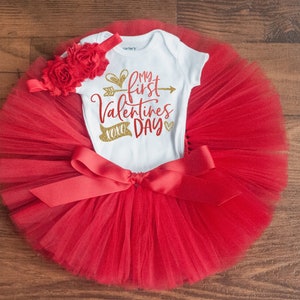 My First Valentine’s Day Outfit Girl &quot;Debra&quot; Red and Gold Baby Girl 1st Valentine’s Day Clothes, Heart Baby tutu set