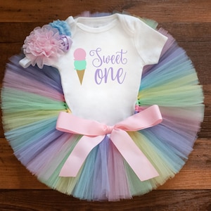 Pastel rainbow ice cream birthday outfit girl &#39;Kaylyn&#39; sweet one first birthday outfit, ice cream smash,