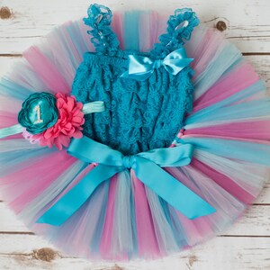 Custom cake Smash outfit girl &quot;Princess&quot; tutu romper headband blue and pink first birthday tutu set, 6 month photo outfit