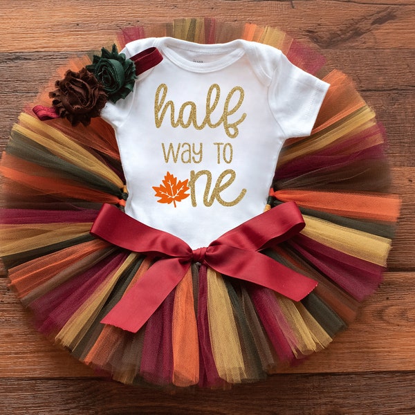 Fall leaf half way to one outfit girl 'Maple' Thanksgiving 6 month photo outfit girl, fall leaves half birthday, half birthday tutu set