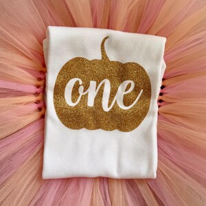 May include: A white t-shirt featuring a gold glitter pumpkin graphic with the word one written in white script across the center, placed on top of a layered peach and light pink tulle skirt with a gathered texture and sheer fabric finish.
