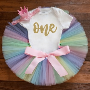 Pastel rainbow birthday outfit &#39;Kaylyn&#39; unicorn first bday, pastel rainbow birthday party tutu set, unicorn cake smash set girl