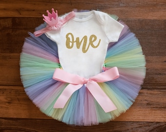 Pastel rainbow birthday outfit 'Kaylyn' unicorn first birthday outfit, pastel rainbow tutu, birthday party outfit, unicorn birthday tutu